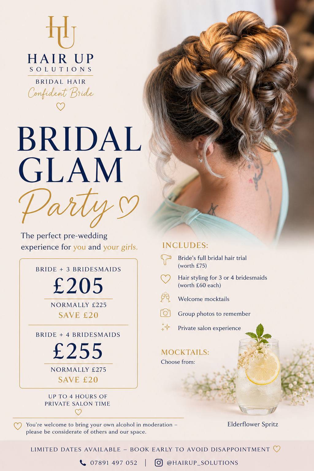 Bridal Glam Party offer artwork showing package prices, inclusions and Elderflower Spritz